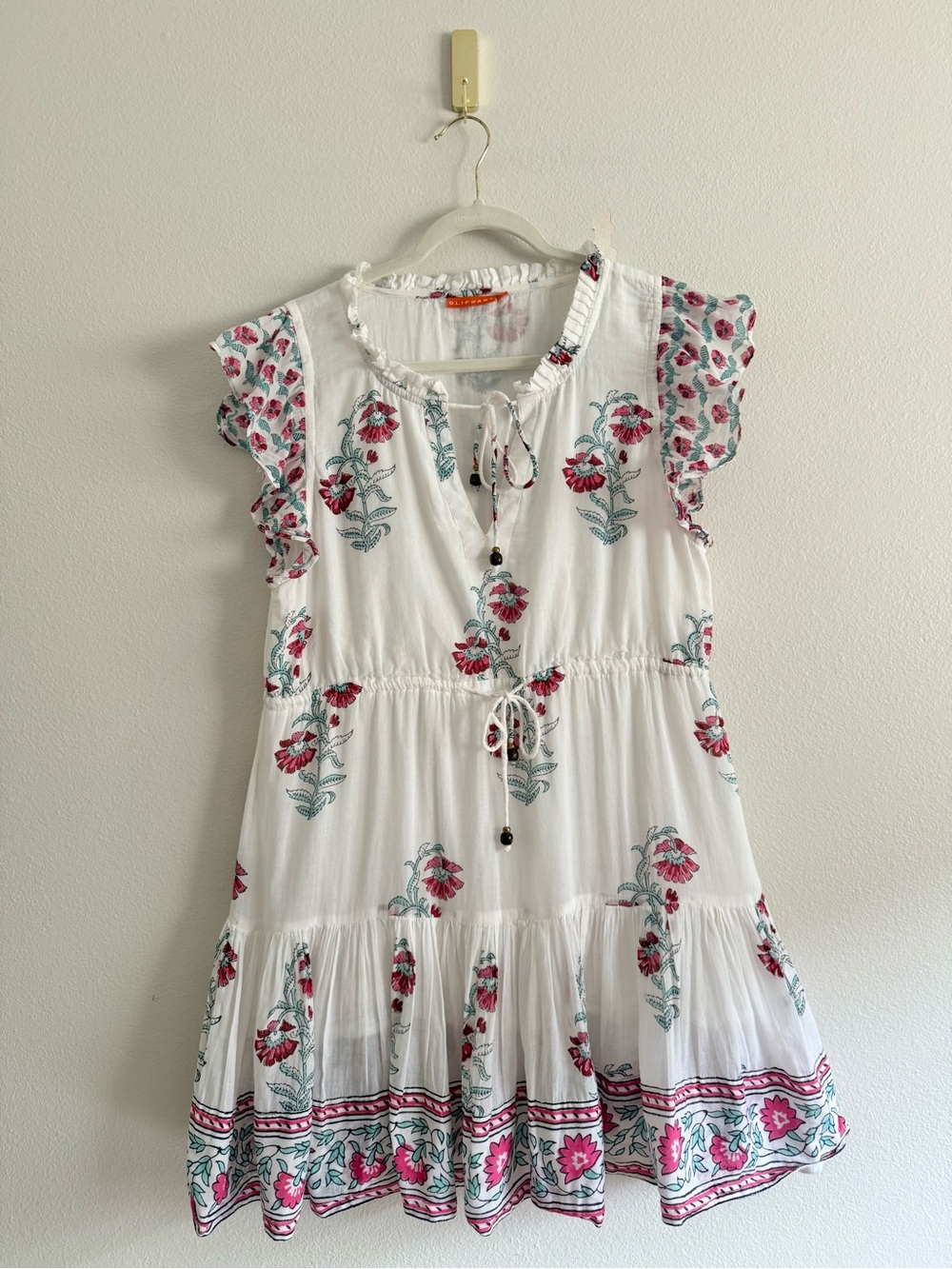 Oliphant Cinched Flirty mini dress cotton voile white pink floral Sz L - Picture 3 of 12